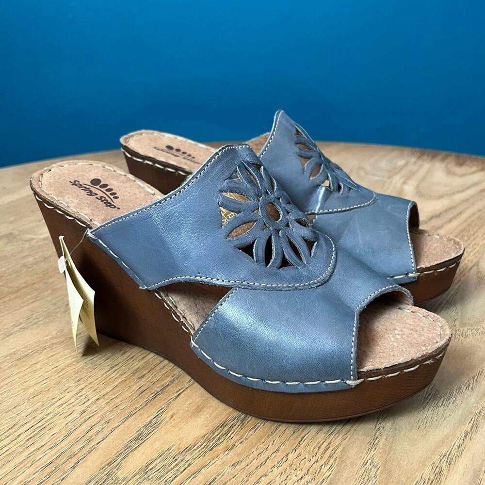 Spring Step NWT Blue Leather Sunburst Wedge Bohemian Sandal Size 38/Women’s 7.5